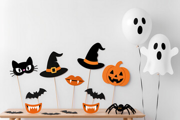 고양이 박쥐 호박 장식이 벽에 꾸며진 배경