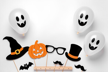 유령 모양 장식과 호박 장식이 있는 흰색 배경