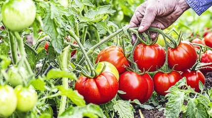 A visually striking product photography poster of a man harvesting ripe tomatoes in a garden, rich green foliage, soft natural light, ample copy space on the left, crisp poster background