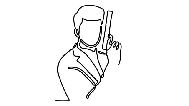 Continue line animation of secret agent, spy, policeman, detective, security guard with a gun