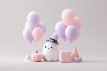 흰색 유령과 보라색 풍선 구성