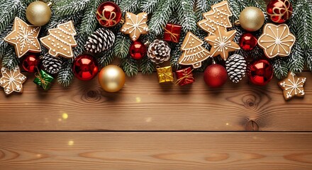 A festive Christmas garland with ornaments, pinecones, and gingerbread cookies arranged on a wooden surface.
