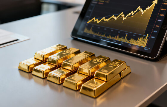 Gold bars on a business desk with a tablet displaying an upward trending financial chart. Represents secure investments, wealth growth, and market prosperity