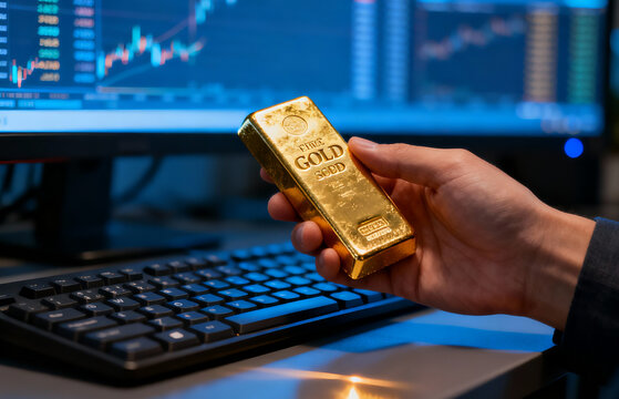 Hand holding a gleaming gold bar with a stock market graph displayed on a computer screen in the background, symbolizing financial investment and wealth