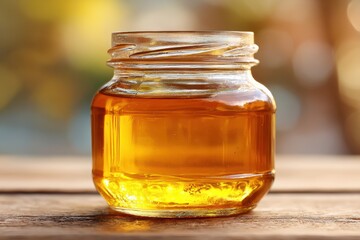 Glass Jar of Golden Honey on Wooden Surface with Natural Background