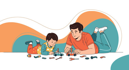 Father And Son Enjoy Time Together Playing With Toy Cars Bonding And Building