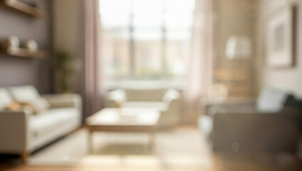Blurred interior view of a cozy living room with soft lighting, modern sofas, a wooden table, and a bright window creating a calm, warm, and homely atmosphere