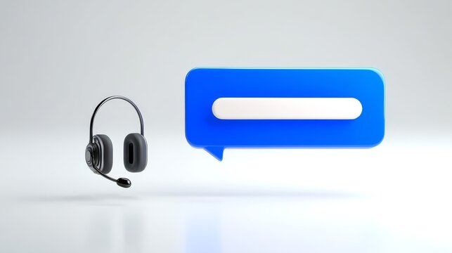 Dynamic blue speech bubble icon with headphones representing digital audio communication listening and interactive chat interface. - Powered by Adobe