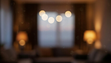 Blurred interior view featuring lights, lamps, and curtains creating a soft effect, with warm tones reflecting on textured walls and furniture that enhance a dreamy and relaxing atmosphere.