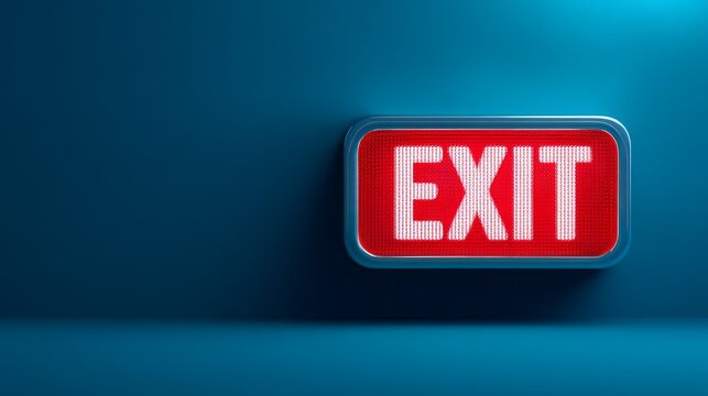 Vibrant red exit button on clean blue background user interface element for digital applications