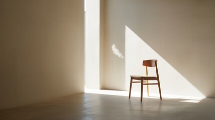 Minimalist Interior Scene – Wooden Chair with Geometric Shadows and Natural Light