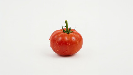 Isolated tomato with water droplets and stem attached on white background, clean and natural product lighting.