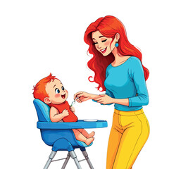 Vsai mother feeding a happy baby sitting in a high chair