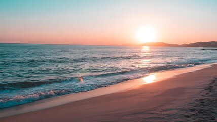 Golden Beach Sunset – Warm Glow Over Ocean Waves and Smooth Sand