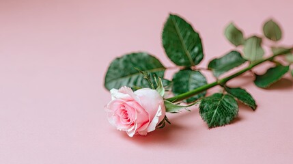 Delicate pink rose with green leaves isolated on a soft pink background