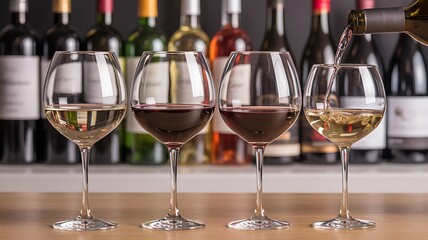Wine Tasting Setup – Red and White Wine Glasses with Bottles on Wooden Surface"