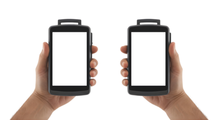Two hands holding smartphones with blank white screens, isolated on transparent background