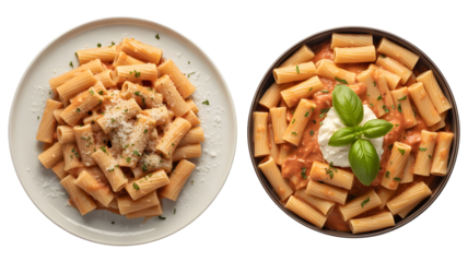 Two plates of rigatoni pasta with tomato sauce and cheese, isolated on transparent background