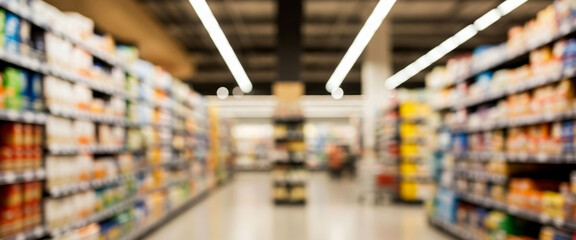 Blurred supermarket aisle with neatly organized shelves stocked with colorful products, bright overhead lights, and shoppers passing by creating a dynamic and lively atmosphere inside the store.