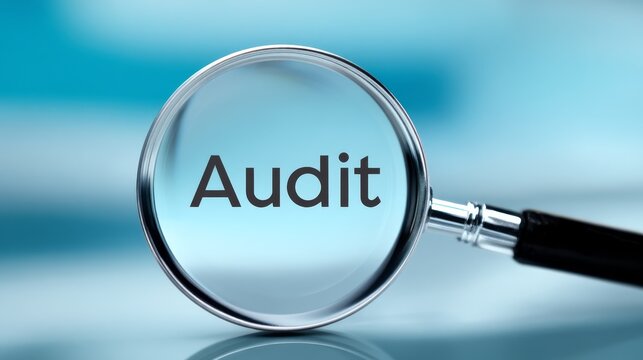 A Magnifying Glass Enlarging the Word "Audit" on a Blue Background.