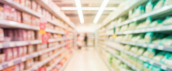 Blurred supermarket aisle filled with colorful products and neatly arranged shelves, with a shopper walking in the distance under bright store lighting that creates a lively shopping atmosphere.