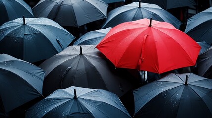 Red Umbrella Standing Out – Concept of Individuality and Contrast in Uniform Crowd