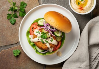 Vegan Falafel Burger with Tahini Sauce, Top-View Flat-Lay Mediterranean Plant-Based Sandwich