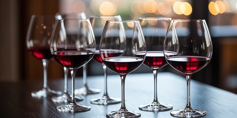 Elegant Row of Wine Glasses – Red Wine on Reflective Surface in Warm Indoor Setting"