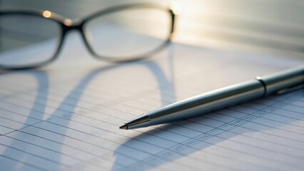 A pen rests on lined paper beside a pair of glasses, capturing a moment of focus and productivity in a serene workspace.