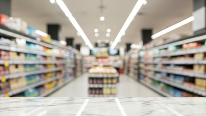 Blurred supermarket aisle with shelves stocked with various products under bright lights, showing a wide range of groceries and household goods in a clean, organized modern store.