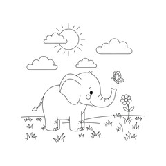 Fototapeta premium Cartoon Elephant and Butterfly in a Sunny Meadow Coloring Page outline
