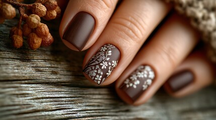 Elegant Dark Brown Nail Art with Floral Design on Wooden Background