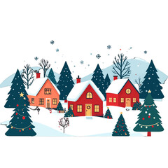 Naklejka premium Pixelated Winter Village Scene with Snow Covered Houses and Decorated Christmas Trees Against White Background