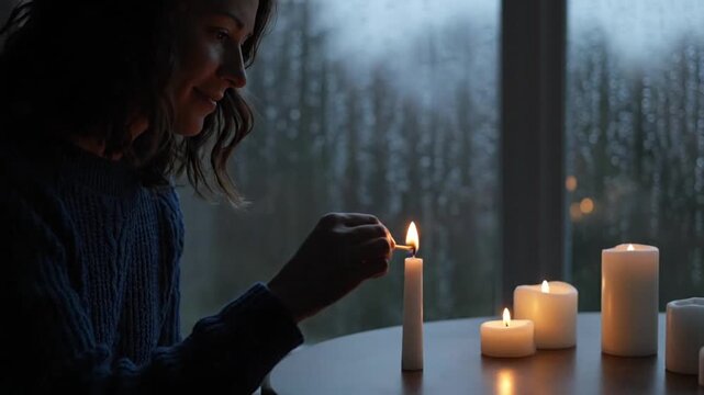 Woman lights candles indoors near window in subdued lighting
