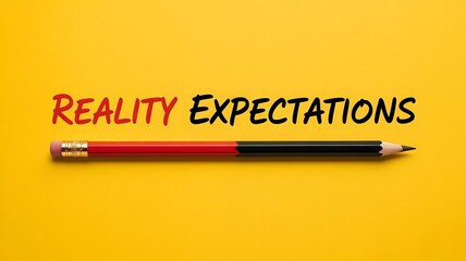Reality vs Expectations Concept – Stylized Text and Double-Ended Pencil on Yellow Background"