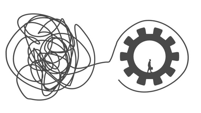 Process of solving, unleashing problems animation. From a complex problem to a simple business solution. Brainstorming video. Unraveling tangled tangle. Rotating gear with walking businessman.