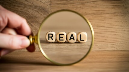 Magnifying Glass Over Wooden Blocks – Emphasizing the Word 'REAL' and Clarity Concept
