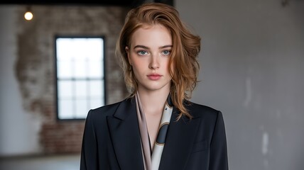 Stylish Red-Haired Woman in Blazer – Professional Portrait with Urban Cityscape