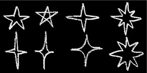 Set chalk hand-drawn star shape vector. Ideal for rating, achievement, and decorative element themes. This graphic set symbolizes quality, success, and design flair with a unique, sketchy aesthetic.