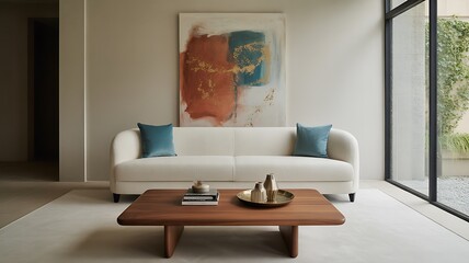 Modern Minimalist Living Room – White Sofa with Abstract Wall Art and Natural Light