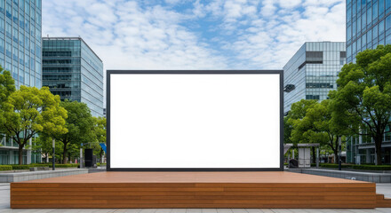 Obraz premium Blank outdoor screen on wooden stage with modern buildings and trees
