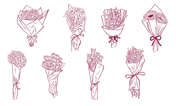 flowers bouquet hand drawn sketch doodle illustration line art  - florist wrap