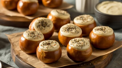 Golden Pretzel Bites with Cheese Dip – Savory Snack in Warm Natural Light