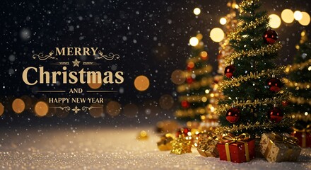 Naklejka premium Festive Christmas Tree Decorations Gifts Snow Background Holiday Season Greetings Wallpaper