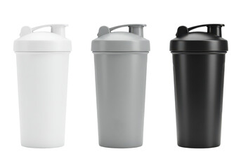 Collection of Three Sleek Shaker Bottles in Black, White, and Gray with Transparent Background