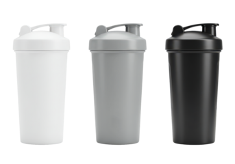Collection of Three Sleek Shaker Bottles in Black, White, and Gray with Transparent Background