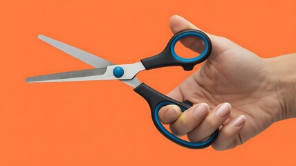 Hand Holding Scissors Against Orange Background – Cutting Tool Close-Up for Craft or Office Use