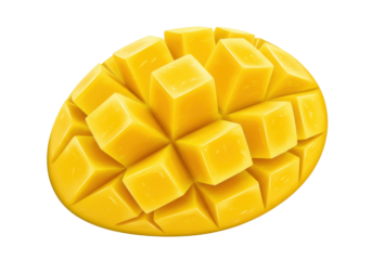 Freshly sliced ripe mango half with a grid pattern ready to eat isolated on transparent png