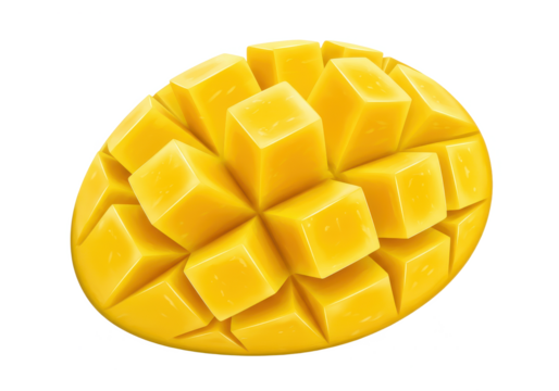 Freshly sliced ripe mango half with a grid pattern ready to eat isolated on transparent png