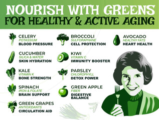 Norish with greens for seniors' health and active aging Infographics